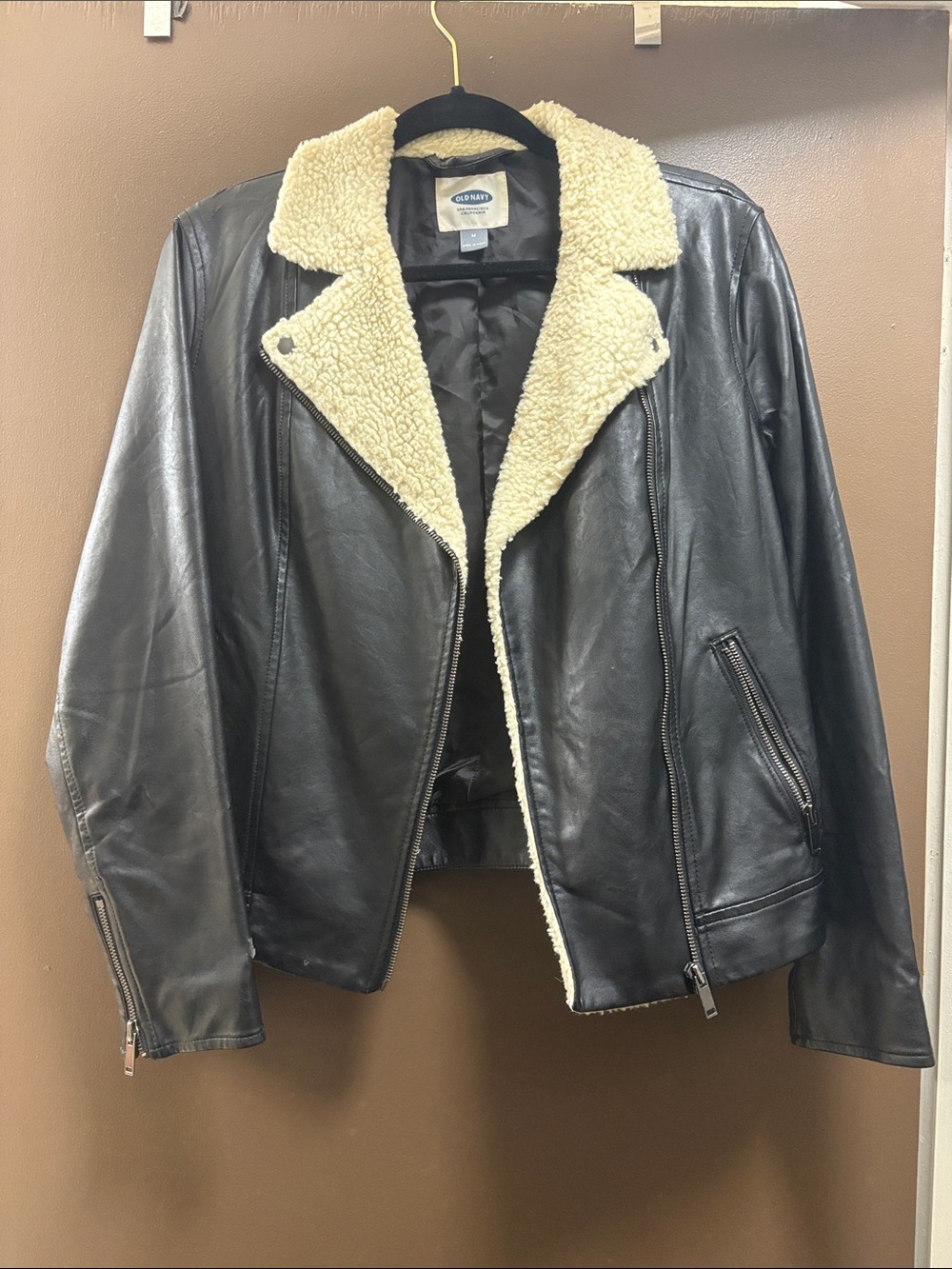 Women’s Faux Black Leather Jacket with Sherpa Collar